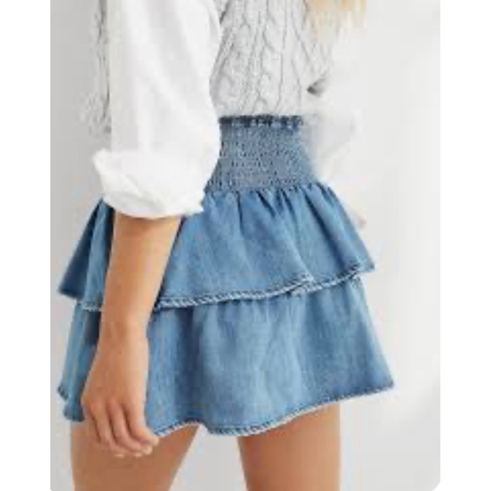 aerie Light Blue Tiered Denim Mini Skirt